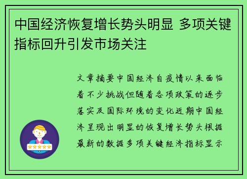 中国经济恢复增长势头明显 多项关键指标回升引发市场关注