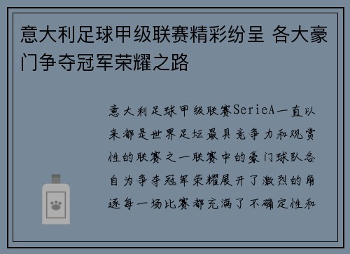 意大利足球甲级联赛精彩纷呈 各大豪门争夺冠军荣耀之路