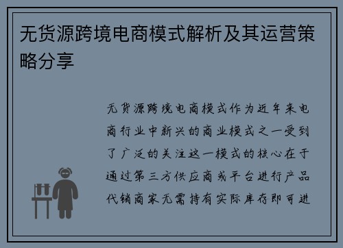 无货源跨境电商模式解析及其运营策略分享