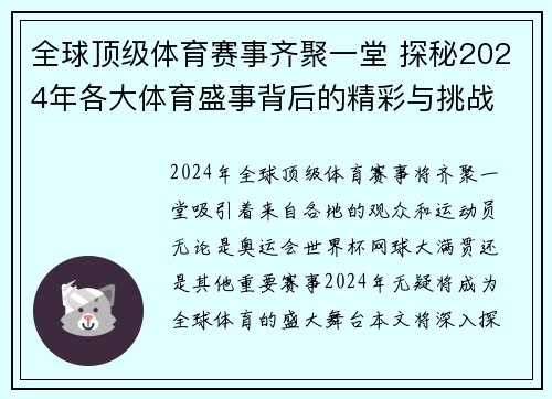 全球顶级体育赛事齐聚一堂 探秘2024年各大体育盛事背后的精彩与挑战