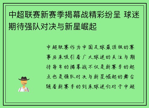 中超联赛新赛季揭幕战精彩纷呈 球迷期待强队对决与新星崛起